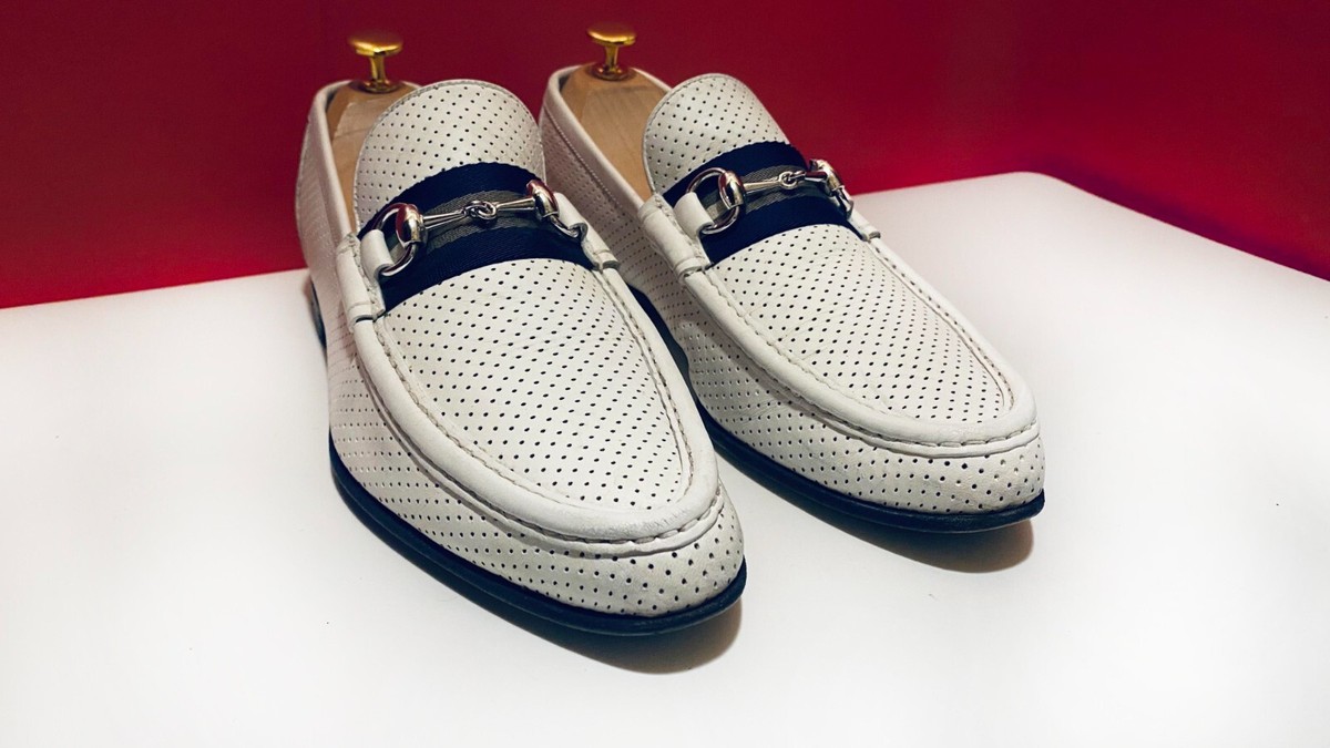 $949.00 !! GUCCI MEN'S OFF WHITE LEATHER LOAFERS MARKED U.K