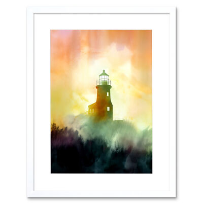 Lighthouse in Fog Watercolour Painting Coastal Landscape Framed Art Print 12X16