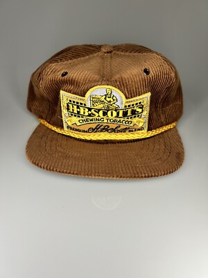Vintage 80s H.B. Scotts Chewing Tobacco Hat Brown Corduroy USA NOS Script