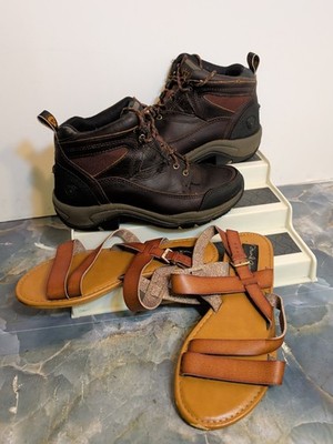 2 Pair Ariat Women 8 Brown Leather Lace Up Hiking Terrain Boot & Strappy Flat A7