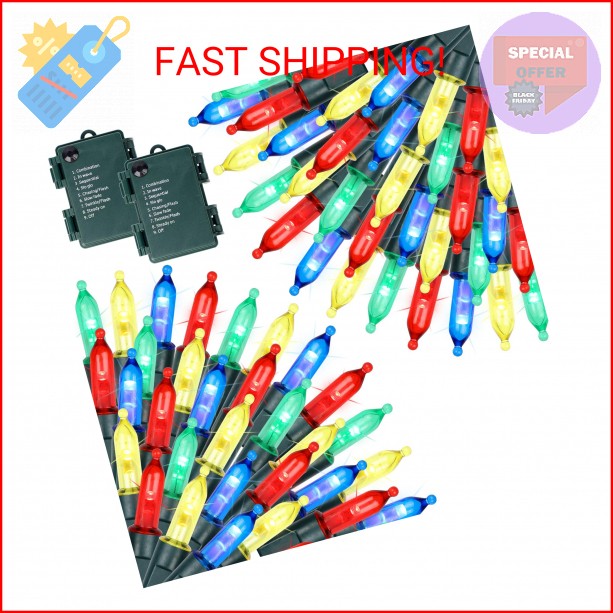 Joliyoou 100 LED 32ft Multicolor Battery-Operated Christmas String Lights 2-Pack