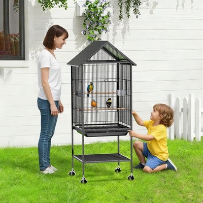 31-50in Parakeet Wire Bird Cage for Finches Canaries Carrier w/ Wheel In/Outdoor