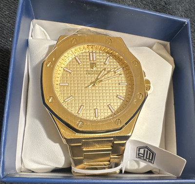 Montres Prestige Men's Gold Tone Octagon Quartz Watch Textured Dial w/ Box