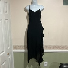 Express Dress Size 9/10 Black 100% Silk Ruffle Asymmetrical Hem Evening Cocktail