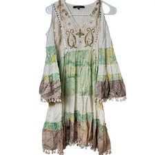 Blanca Ibiza Dress Womens S/M Cold Shoulder Embroidered Tassel Boho Tiered