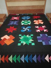 Batik Quilt Vibrant Patchwork on Black Flying Geese Border Heirloom NOS