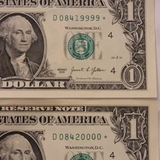 Fancy Serial Star Note Pair 9999 & 0000 – 2021 $1 Bills D Notes UNC Crisp