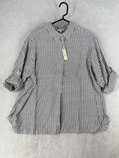 Max Studio London Top 1X Black White Stripe Long Sleeve Button Up Tunic NEW $118
