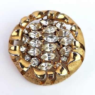 Vintage BSK Rhinestone Dome Brooch Gold Tone Clear Navette Mid Century 1.50 inch