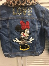 Junior Disney Minnie Mouse Jean Jacket Faux Fur Animal Print Girls Size 5/6