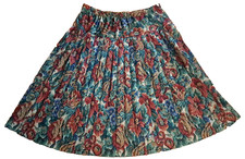 Vintage Pleated Satin Skirt Cottage Floral Elastic Waist Red Blue Knee Boho 18
