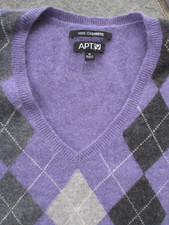 APT 9 Women PURPLE Gray ARGYLE V-Neck 100 CASHMERE Pullover SWEATER Jumper M