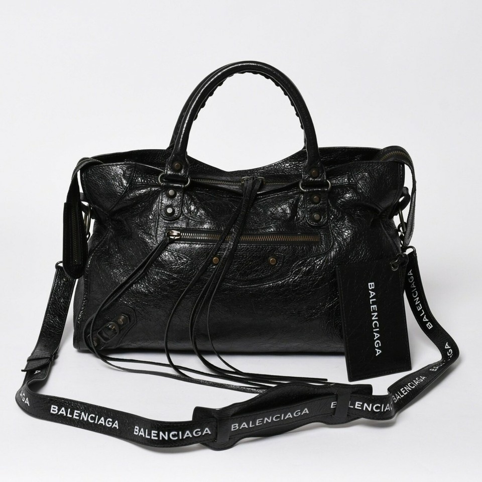 BALENCIAGA The City 505550 Black Leather Two Way Bag Y2K Shoulder Handbag Auth