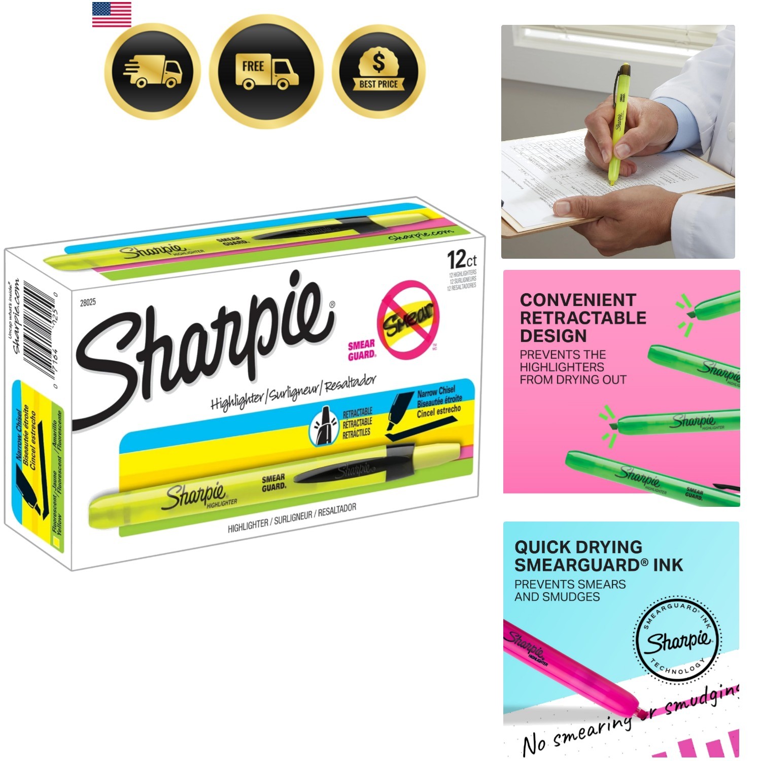 Retractable Highlighters, Chisel Tip, Fluorescent Yellow, 12