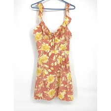 WAYF Women's Floral Linen Blend Mini Dress Coral Yellow - Size S