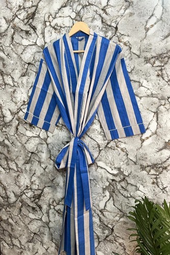 Cotton Robe Long Kimono Sleepwear Indian Blue Striped Printed Night Suit Kimonos - Picture 3 of 4