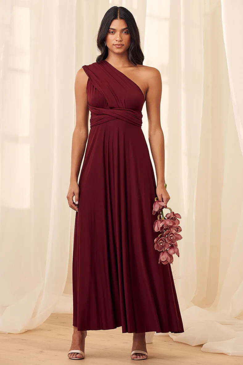 burgundy modest dresses Modest A line Long Sleeves Burgundy Evening Dress – misaislestyle main image 0
