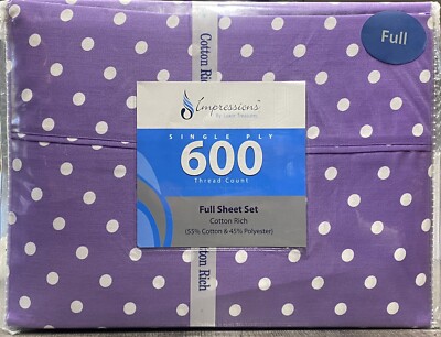 Impressions By Luxor 600TC Cotton Blend Lilac Polka Dot Bed Sheet Set FULL