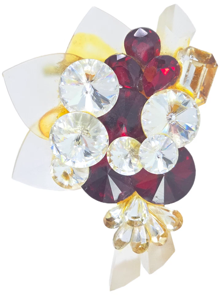 DE COLECCIÓN BROCHE JULIANA IMITACIÓN ROJO RUBÍ Y CRISTAL TRANSPARENTE Y LUCITA RACIMO GRANDE AÑOS 30