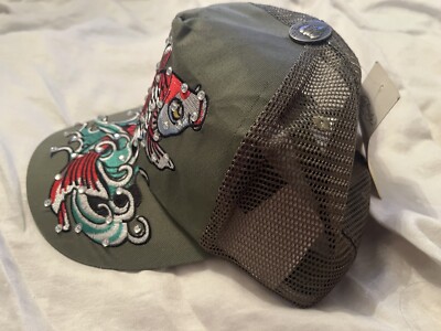 Ed Hardy Green Trucker Hat Tags 2000s Rhinestone SnapBack Y2K Cap