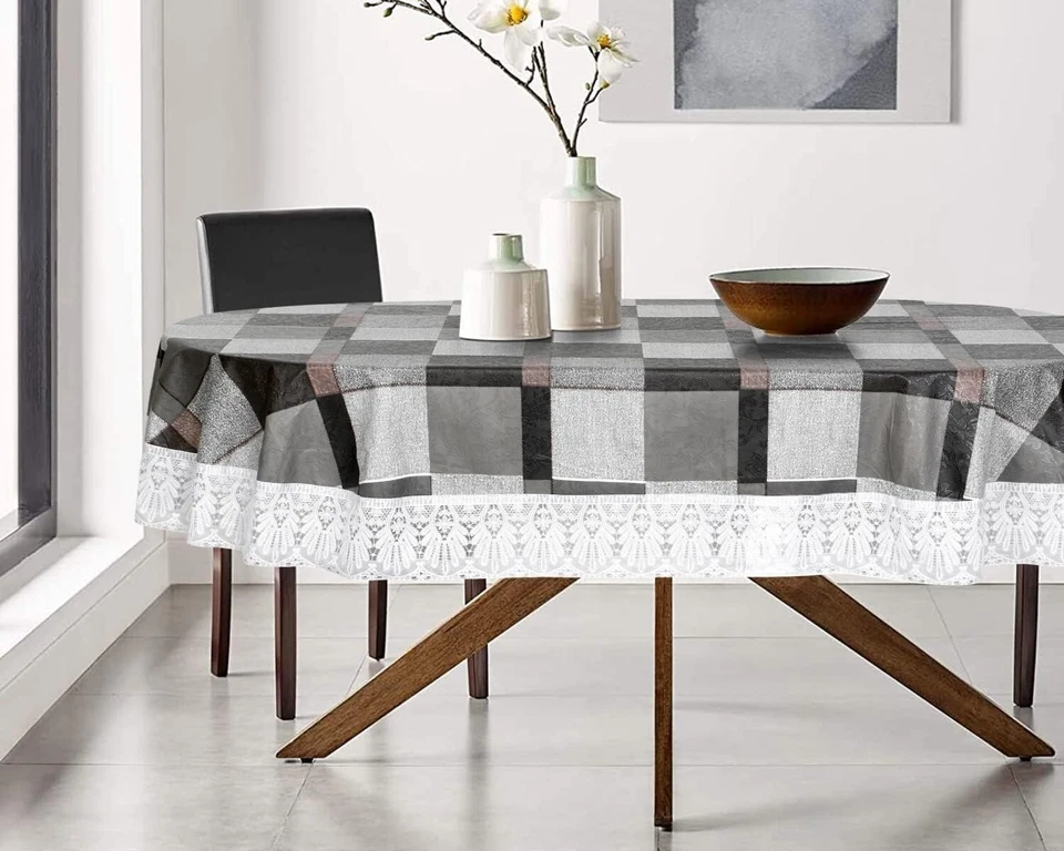 6 Seater Oval Dining Table Cover with White Border lace 60x90 inch Brown - Image 2 of 4