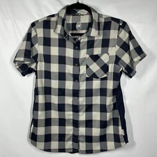 Club Ride Shirt Womens S Pearl Snap SS Blue Gray Plaid Bike Cycling Zip Pocket