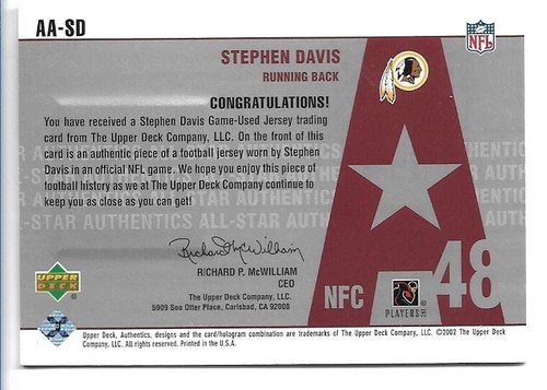 Stephen Davis 2002 UD Authentics All-Star Authentics Jersey Relic #AA-SD - Picture 2 of 2