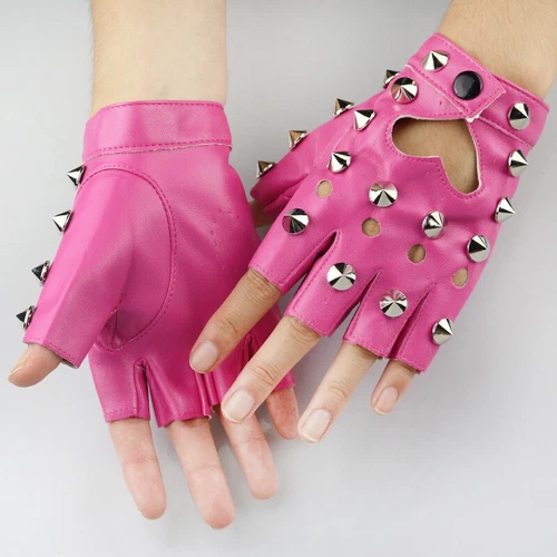 Women Faux Leather Fingerless Gloves Gothic Half Finger Stud Rivet Punk Gloves-- - Picture 17 of 29