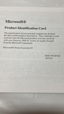Microsoft Windows Software COA: Home Essentials 98