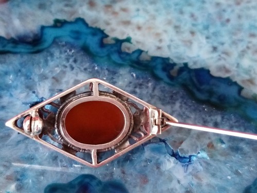 Vintage Silver 925 Brooch Carnelian Cabochon Stone - Bernard Instone Style + Box - Picture 8 of 10
