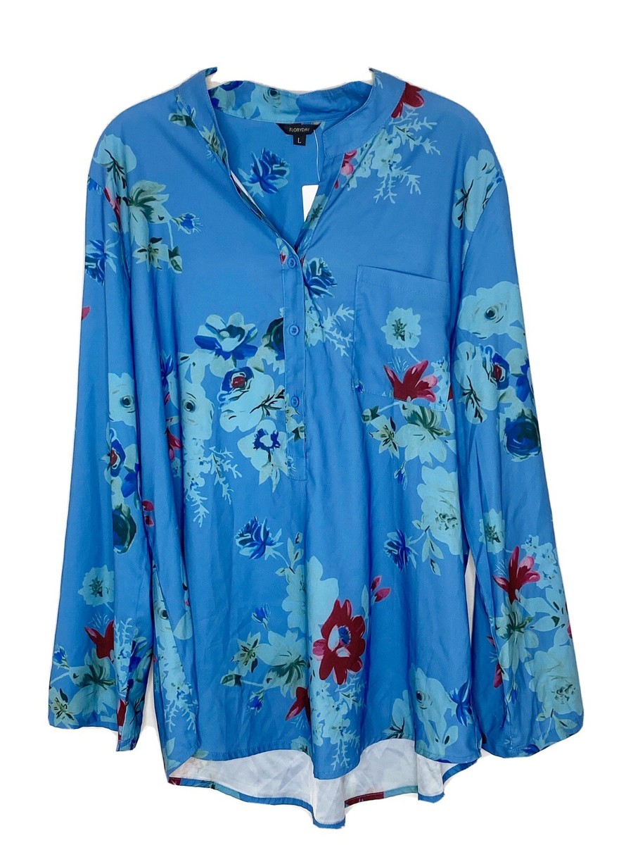 Floryday Womens Floral Blue Half Button Roll Tab Sleeve Top Sz