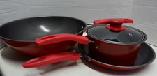 Smart home 4 Pc Red Cookware Set-0016SJ,Wok,Fry Pan,Sauce Pan,1 Glass Lid