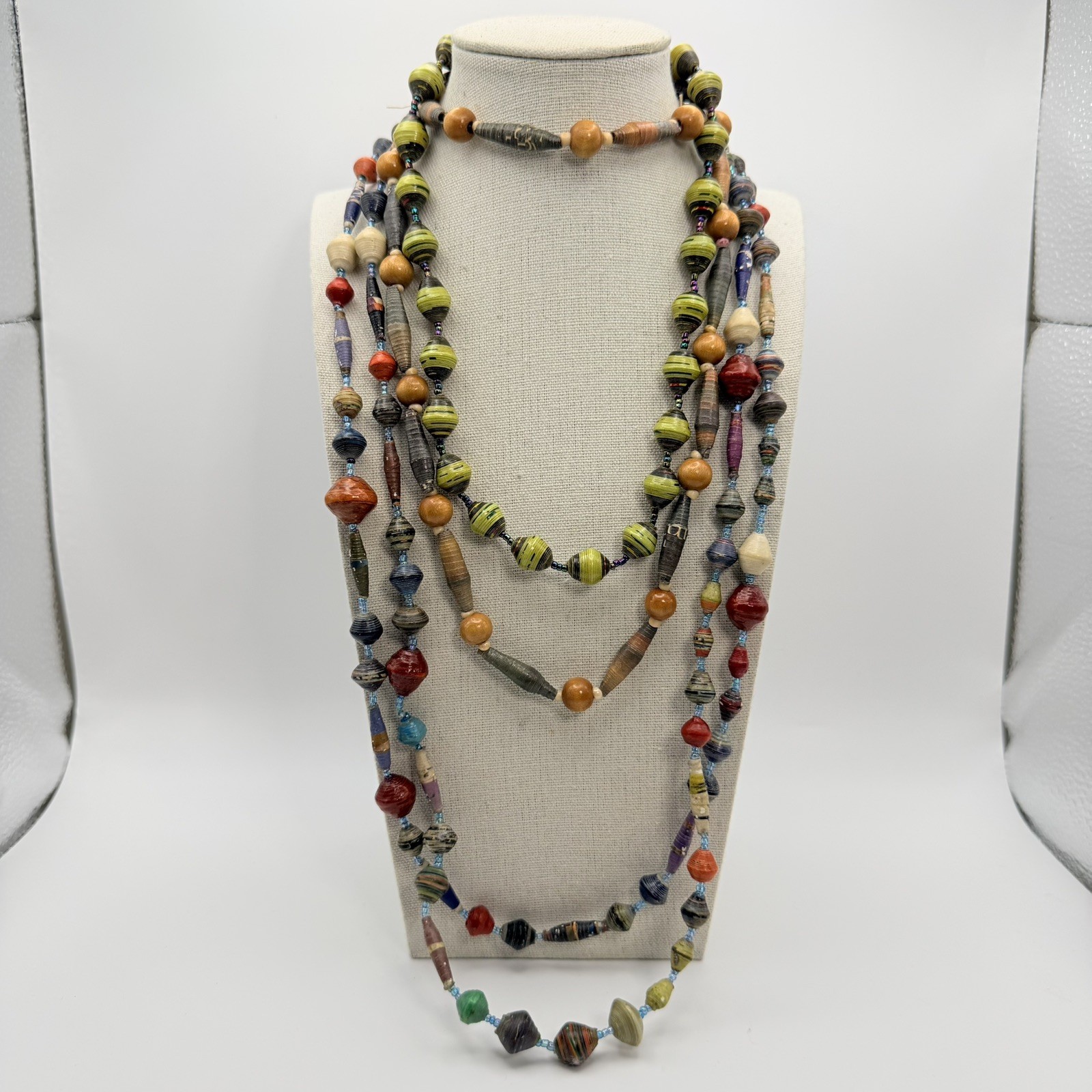 Lot 3 Handmade Paper Bead Necklaces Multicolor Wood Beads Boho