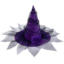 Halloween Witch Hat Ruched Witches Hats for Women with Veil and Rose Wizard H...