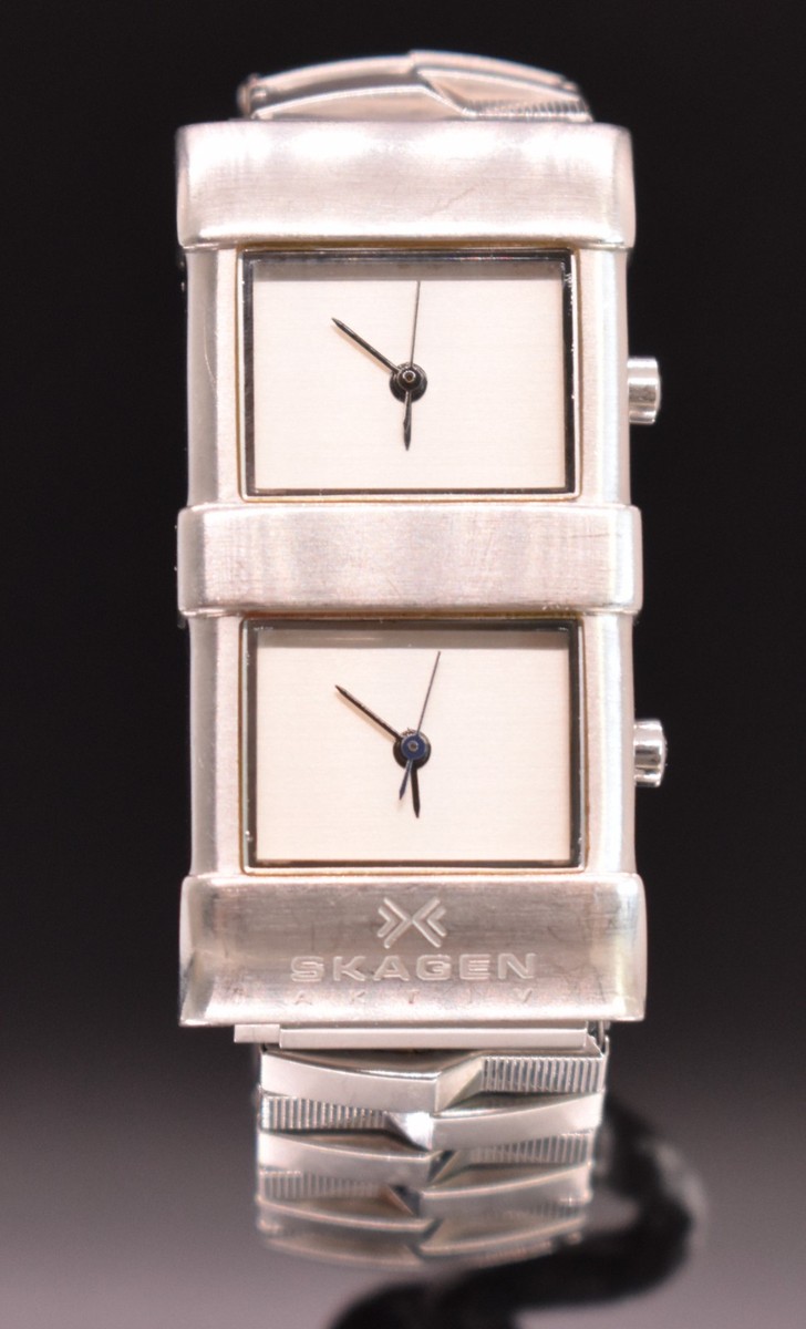 Vintage Skagen Aktiv Dual Time Watch Men Expansion Band Traveler's Slim Quartz View 2