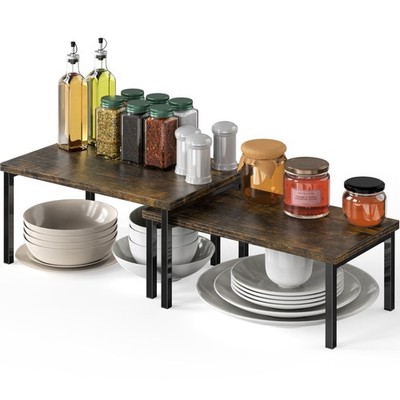 Expandable Stackable Cabinet and Counter Shelf Organizer with Wooden Surface,...