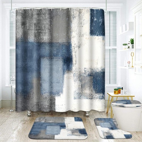 Navy Blue Grey Abstract Bathroom Set with Shower Curtain and Rugs Accessories...