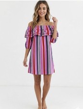 ASOS Women's 8  Boho Embroidered Off Shoulder Striped Dress Pink Blue Ruffle NWT