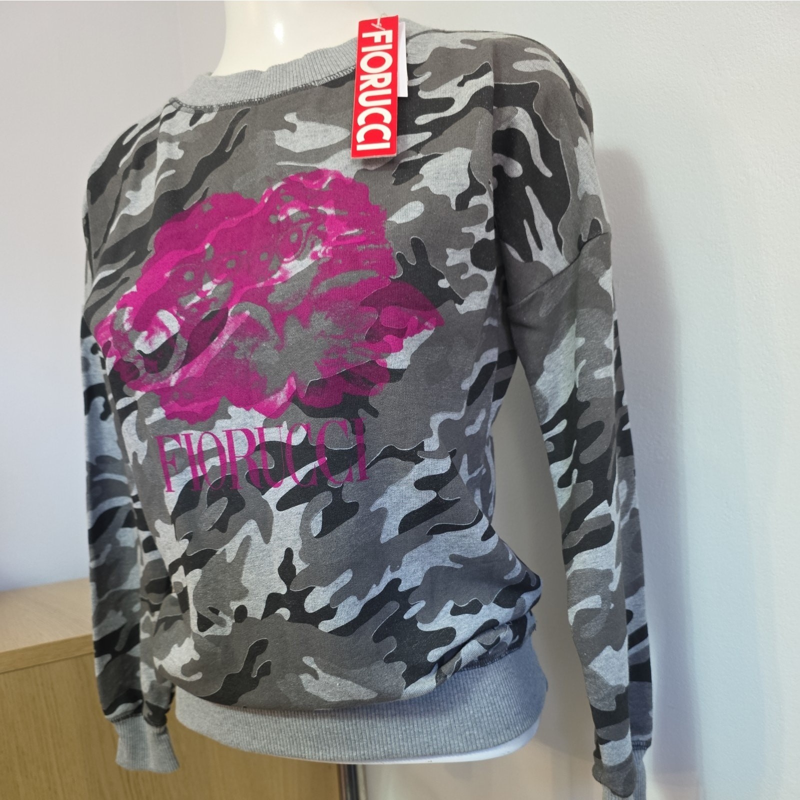 Fiorucci Grey Camo Graphic Sweatshirt Pink Logo Women's XXS BNWT image 6