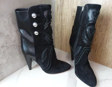 ISABEL MARANT Liv Black Leather Suede Embroidered Boots Cone Heel 37 7 Stunning!