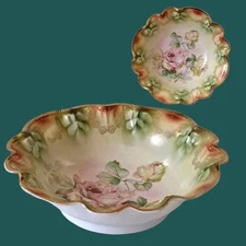 Antique Germany Serving Vegetable Bowl Hand-Painted Cabbage Rose Gold Trim