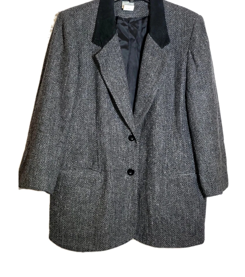 Blazer Jaclyn Smith Clásico Espiga Gris Carbón Talla 14 Cuello Contraste  Foto 2 de 4