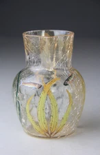 MOSER BOHEMIAN CRACKLE GLASS ENAMEL SEAWEED FISH 4 1/2" CREAM PITCHER