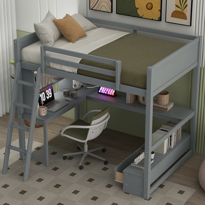 Full Size Gray Loft Bed with Desk, LED Light, USB Charging, and Storage Bench