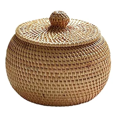 1X(BoîTe Ronde en Rotin avec Couvercle, BoîTe de Rangement TisséE à la Main9649 - Photo 1/4
