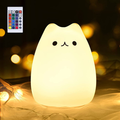 Cute Cat Night Light Kids Bedroom Lamp w Remote Kawaii Kitty Nursery Light