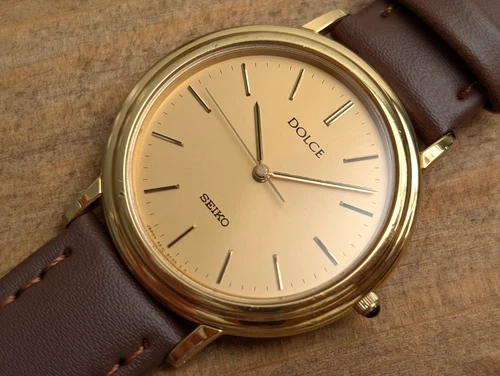 1991 SEIKO Dolce 5E31-6C20 Gold Dial Quartz Men's Watch Vintage 32mm