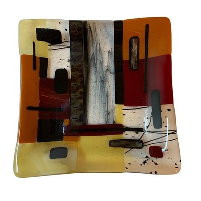 Handmade Colorful Abstract Fused Art Glass Square Dish Signed By Artist 7''x7''