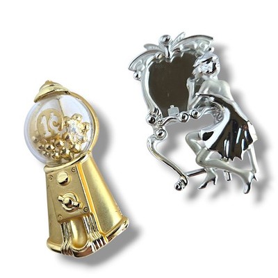 AJC Brooch Lot Gumball Machine Gold Tone Woman Mirror Vanity Silver Tone 2 Pins