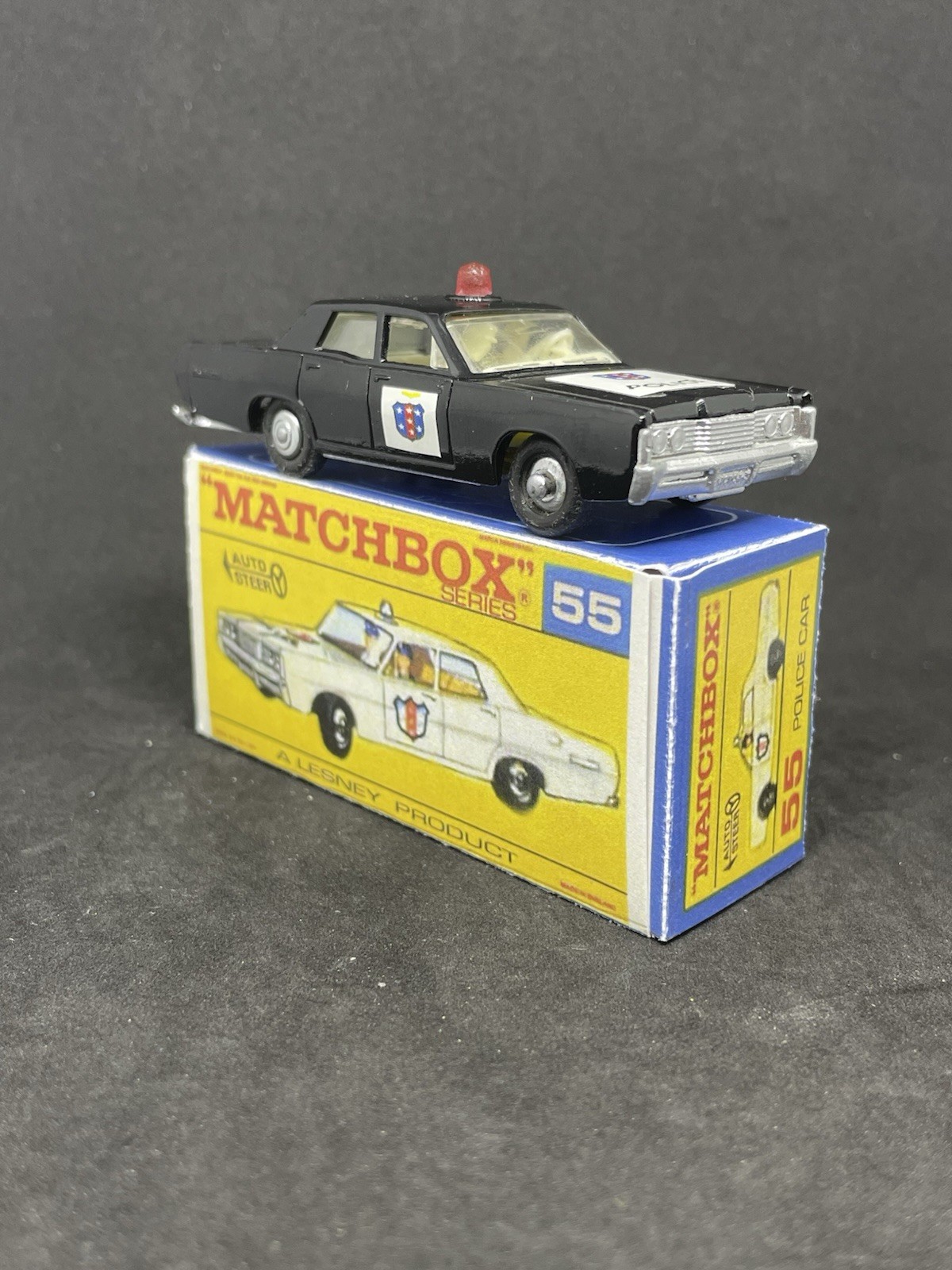 Vintage Lesney Matchbox 55 Mercury Red Dome Police Car Disc Wheels Repro Box.